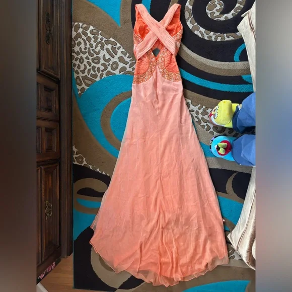 Bicici Coral Orange Beaded Evening Formal Gown - Picture 7 of 12